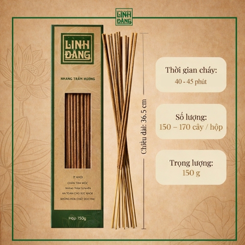 Nhang Trầm Hương Tự Nhiên 36.5cm Hộp 150g – Không Hương Liệu – Thờ Cúng – Nhà Trầm Linh Đăng