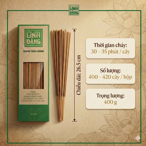 Nhang Trầm Hương Tự Nhiên 36.5cm Hộp 400g – Không Hương Liệu – Thờ Cúng – Nhà Trầm Linh Đăng