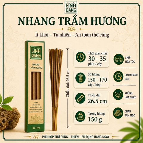 Nhang Trầm Hương Tự Nhiên 26.5cm Hộp 150g – Không Hương Liệu – Thờ Cúng – Nhà Trầm Linh Đăng
