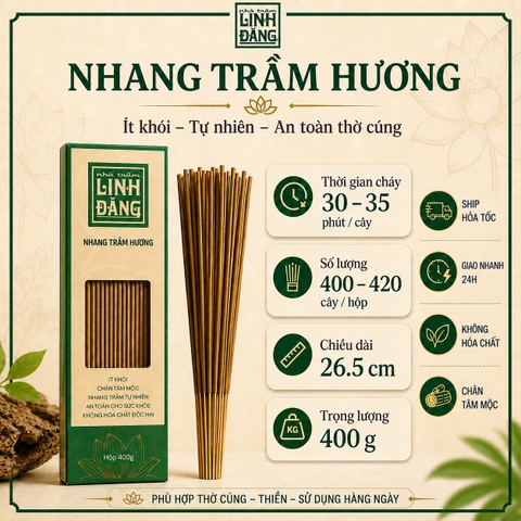 Nhang Trầm Hương Tự Nhiên 26.5cm Hộp 400g – Không Hương Liệu – Thờ Cúng – Nhà Trầm Linh Đăng