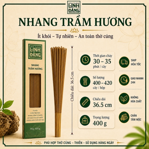 Nhang Trầm Hương Tự Nhiên 36.5cm Hộp 400g – Không Hương Liệu – Thờ Cúng – Nhà Trầm Linh Đăng