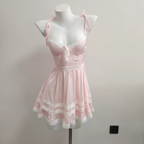 Váy 2 dây sexy caro Hồng