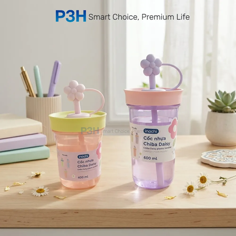 Cốc nhựa Inochi Chiba Daisy có ống hút tích hợp nắp đậy xinh xắn P3H
