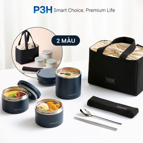 Bộ hộp cơm giữ nhiệt LocknLock Pump One-Touch Lunch Box Set LHC8011S01 (530ML*1, 330ML*2, bộ đũa, thìa và túi)