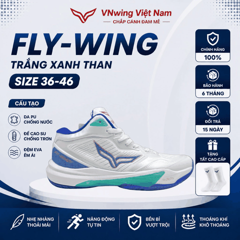Giày bóng chuyền FLY_WING chính hãng cổ cao nam nữ màu trắng xanh than fom giày đẹp,đế cao su bền bỉ bám sân
