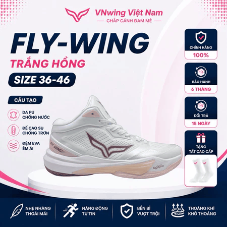 Giày bóng chuyền cổ cao FLY_WING chính hãng nữ màu trắng hồng,fom đẹp,ôm chân,đế cao su bền bỉ,êm ái,bám sân tốt