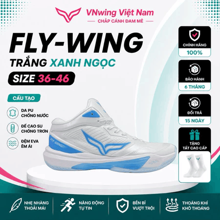 Giày bóng chuyền chính hãng FLY_WING cổ cao nam nữ màu trắng xanh ngọc đế bền,êm,bám sân,phom giày đẹp,bảo hành 6tháng