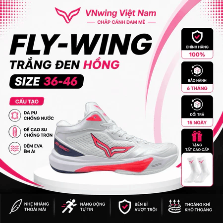 Giày bóng chuyền cổ cao FLY_WING chính hãng nam nữ màu trắng đen hồng,đế cao su bền bỉ,êm,bám sân,fom giày đẹp