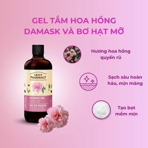 Gel tắm Green Pharmacy Hoa hồng Damask và Bơ hạt mỡ 500ml