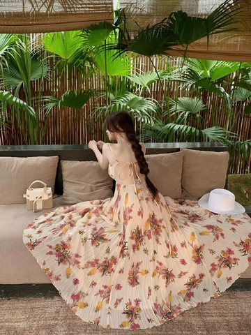 Váy maxi hai dây xếp ly phối ren hoa nhí_Y121