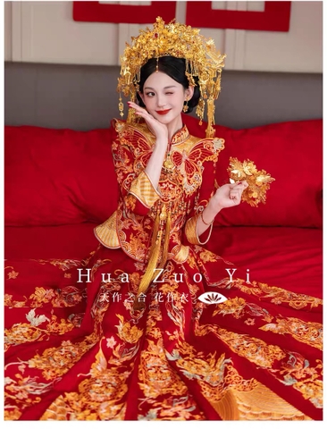 Sườn xám cưới Trung Hoa đỏ thêu họa tiết rồng phượng_I143