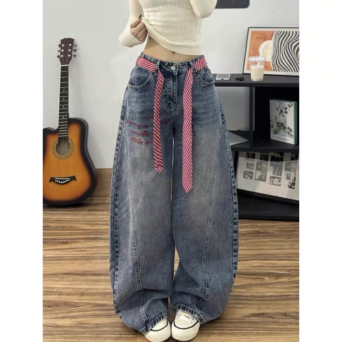 Quần jeans ống phồng phối dây eo_E09