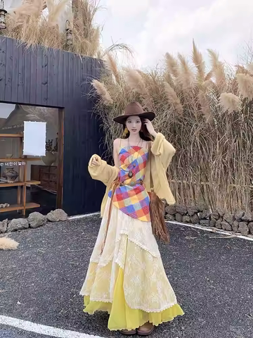 Đầm maxi nhiều tầng phối ren phong cách vintage boho_V14