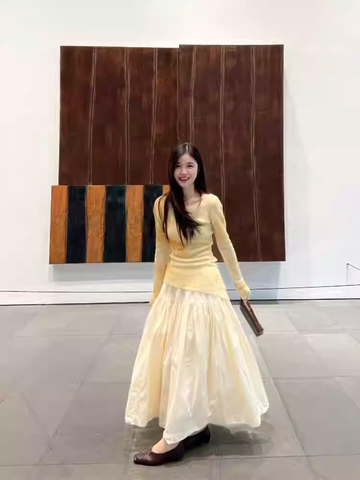 Áo len body phối váy dài voan xếp tầng thanh lịch_V15