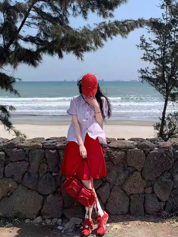 Áo sơ mi tay ngắn sọc phối chân váy chữ A nữ tính_V17