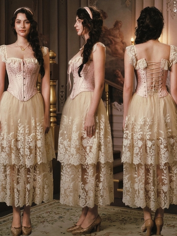 Lacemade váy corset ren vàng kem dáng xòe cổ điển_V31