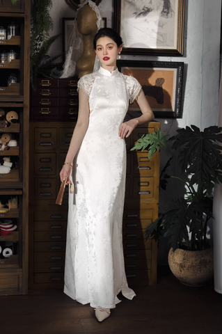 Váy cưới cổ cao ren hoa dáng dài sang trọng_I41
