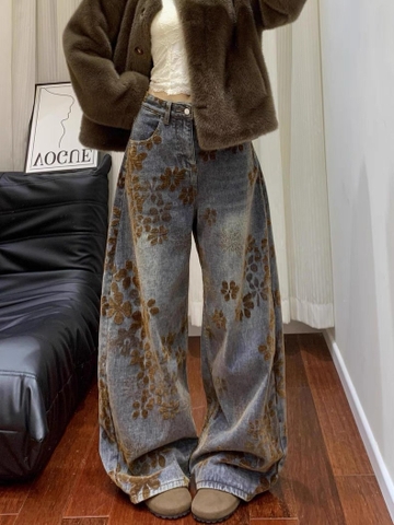 Quần jean ống suông họa tiết hoa vintage_E02