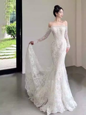 Váy cưới ren đuôi cá vai ngang sang trọng_I01