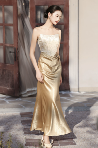 Váy cúp ngực dáng dài satin thêu sang trọng_I58