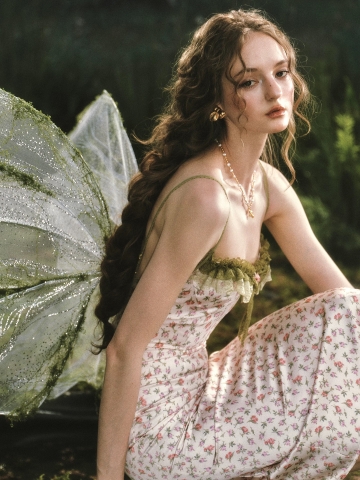 LaceMade váy hoa nhí dáng ôm phối ren vintage_V22