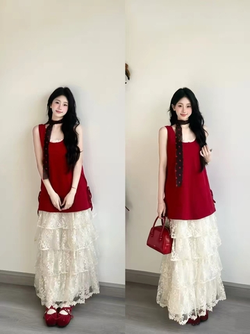 Áo len phối chân váy ren tầng_V46