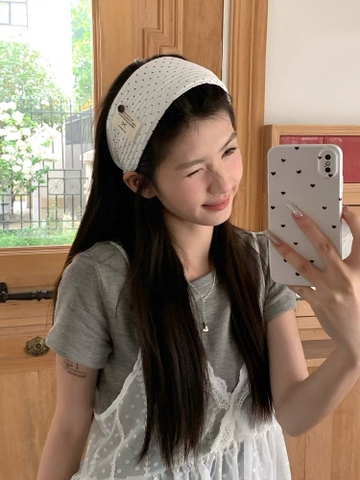 Băng đô cài tóc bản rộng họa tiết chấm bi_L03