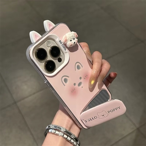 Ốp lưng Hello Poppy tai mèo kèm gương gập_O16 (Iphone, Huawei, Honor, OPPO, Vivo, Xiaomi & Redmi)