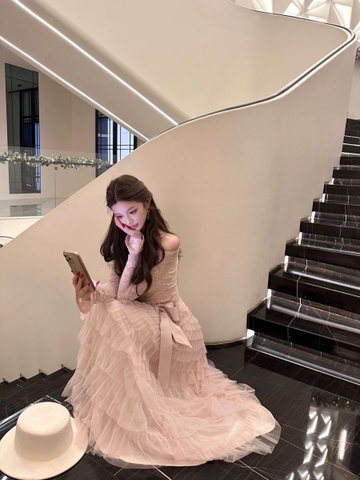 Váy ren tầng dáng dài thắt nơ eo tiểu thư_Y11