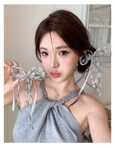 Kẹp tóc nơ bạc đính hạt pha lê tua rua_H01