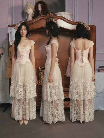 Lacemade váy corset ren hồng kem công chúa vintage_V28