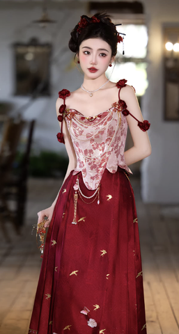 Váy cổ điển thêu hoa phối chuỗi trang trí_I46