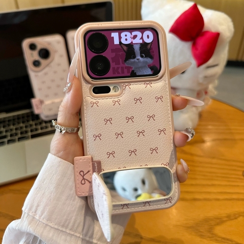 Ốp lưng da vân họa tiết nơ kèm gương_O02 (Iphone, Huawei, Honor, OPPO, Vivo, Xiaomi & Redmi)