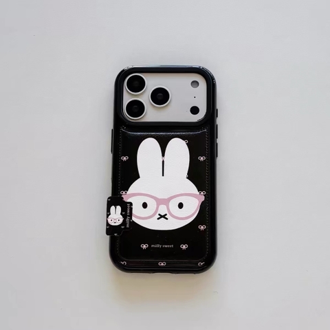 Ốp lưng Miffy đen, hình thỏ đeo kính hồng, kèm ngăn đựng thẻ_O191 (Tất cả các dòng Iphone)