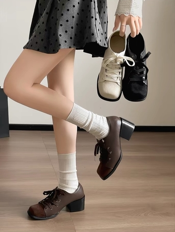 Giày Oxford nữ cao gót đế vuông phối dây buộc_X01