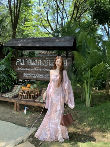 Váy hoa loang phối khắn choàng voan_V43