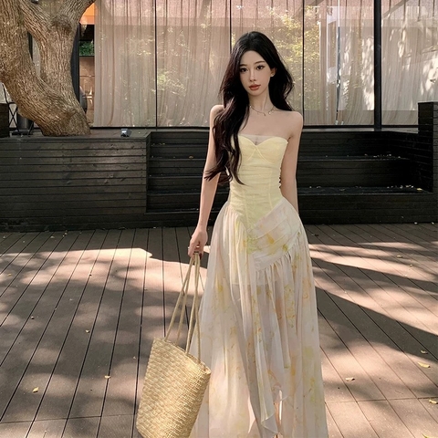 Váy cúp ngực voan tầng vàng kem tiểu thư_Y29