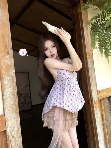 Áo hai dây hoa nhí phối chân váy ren_V50