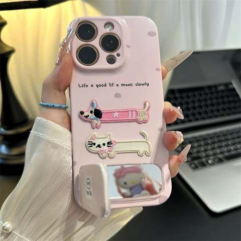 Ốp lưng chó mèo dễ thương kèm gương_O07 (Iphone, Huawei, Honor, OPPO, Vivo, Xiaomi & Redmi)