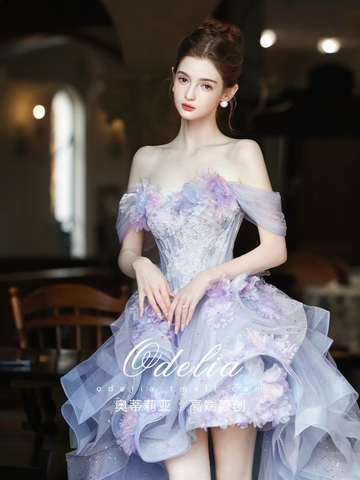 Váy dạ hội trễ vai đính hoa_I99