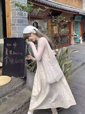 Váy hoa nhí vintage tiểu thư phối áo len mỏng_V07