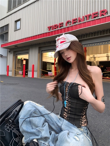 Áo corset ôm body phối quần jean ống rộng bụi bặm_Q06