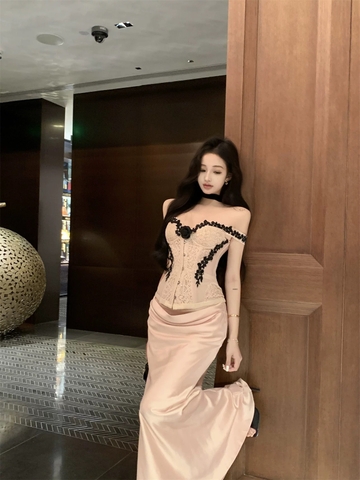 Váy corset trễ vai phối ren đen dáng ôm sang trọng_V32