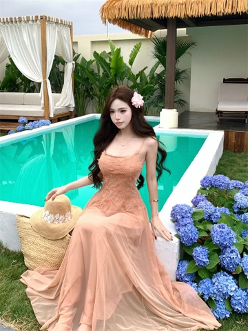 Váy maxi 2 dây dáng dài xòe ren voan thanh lịch nữ tính_Y16