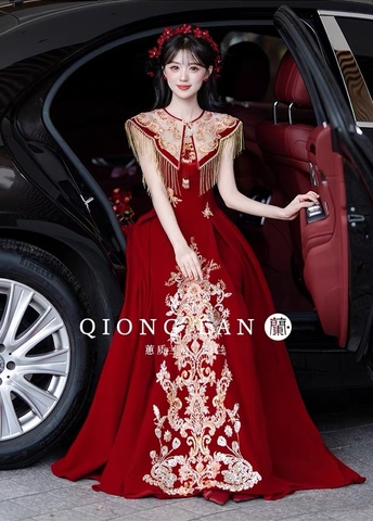 Váy dự tiệc cổ vuông thêu hoa tua rua_I112