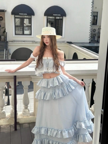 Váy maxi trễ vai phối bèo tầng nữ tính_Y115