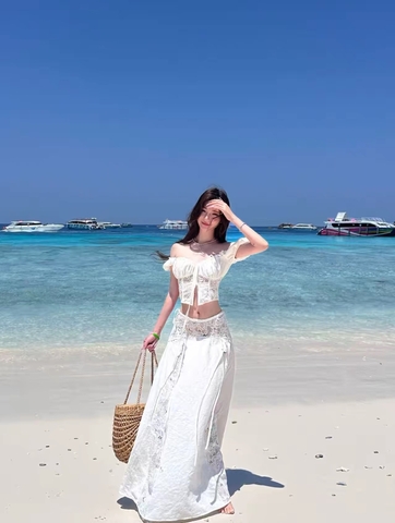 Áo ren croptop phối chân váy maxi_Y93
