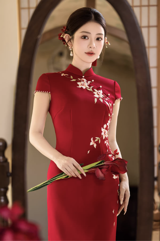 Sườn xám cách tân thêu hoa nổi dáng ôm tôn dáng_I54