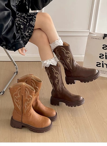 Giày boot cao cổ thêu họa tiết vintage đế bánh mì_B02