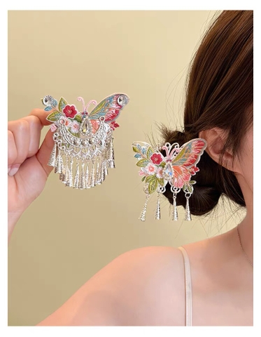 Kẹp tóc bướm thêu hoa tua rua phong cách cổ điển_H07